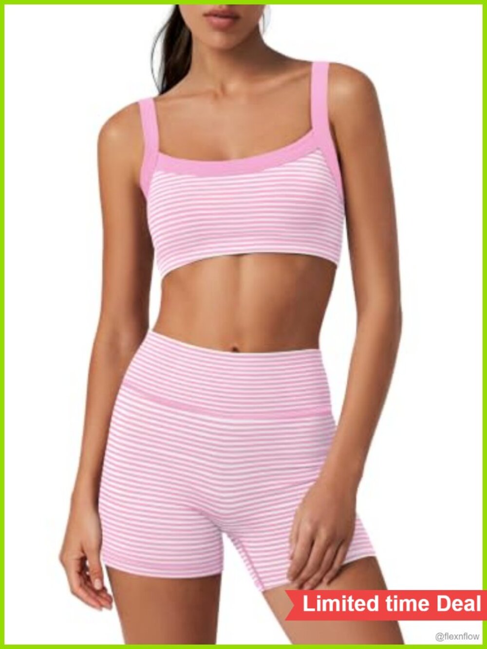 Womens Striped Two Piece Yoga Workout Tank Top & Biker Shorts Activewear Set